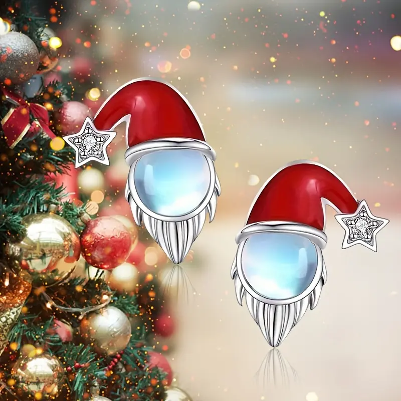 Charming Christmas Hat Stud Earrings with Faux Moonstone - Silvery Alloy, Stainless Steel Posts, White Golden Plated - Perfect Holiday & Birthday Gift for Girls