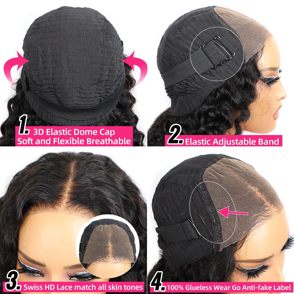 MORE FACE Wear And Go Glueless Wigs Water Wave Pre Cut 4*6 HD  Lace Closure Wig Human Hair Pre Bleached Beginner Friendly