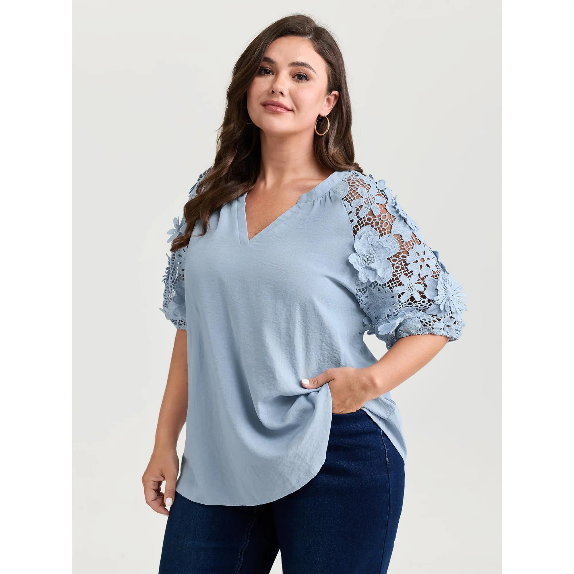 【Summer Turn-Up】【Neck-Lengthening】BlOOMCHIC Plus Size Silhouette Flower Print Button-Down Blouse [M-6X]Fit Blue,Summerfinds Fit Blue,back to school,back to school shopping