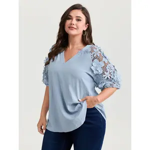 【Summer Turn-Up】【Neck-Lengthening】BlOOMCHIC Plus Size 3D Floral Sleeve Spliced Flowy Blouse [M-6X] 2026 Summer Pick for Mother's Day Blue Fit Swimweek,Spotlight,Summer wins,Deals for you days Blue Fit