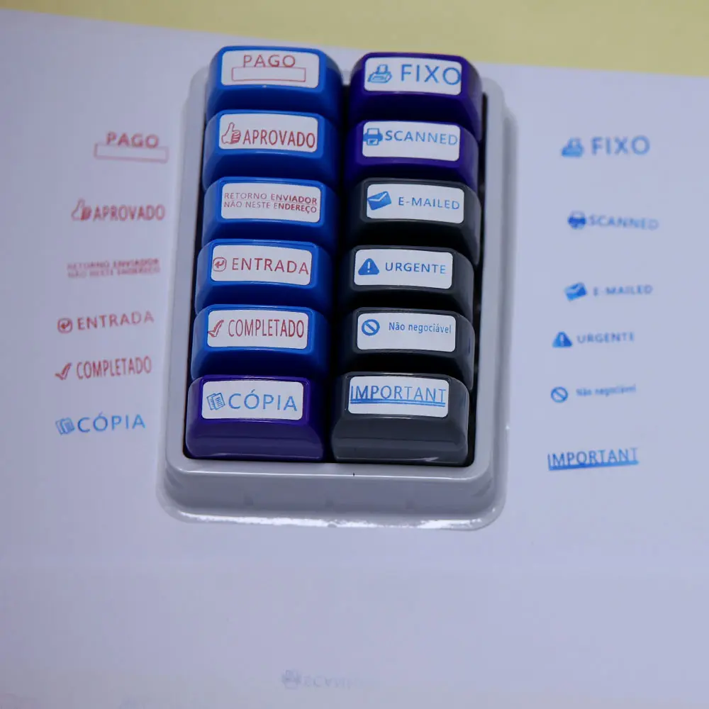 Portuguese Financial Stamp Set, 12pcs Office Stamps for Paid Completed Scanned Approved Sent Emails, Blue Ink, Emergency Stamps