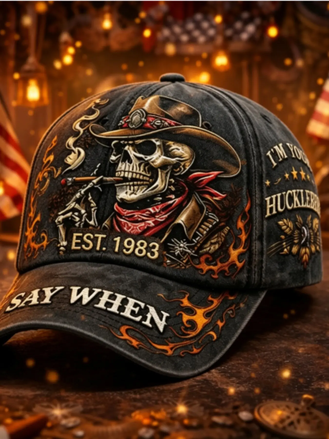 "Say When I'm Your Huckleberry" Letter & Flame Pattern Baseball Cap, Vintage Washed Design, Men's Western Theme Outdoor Cap, Casual Style, Graphic Hat