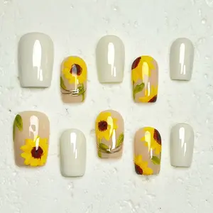 Moonovate | SUNFLOWERS 10pcs Handmade Press On Nails Square Nails REUSABLE 3D Gel Fake Nails Acrylic Press On Nails