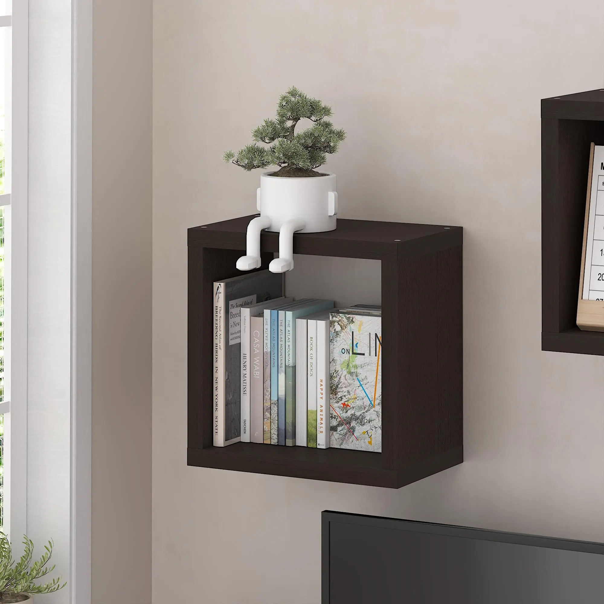 CUBICLE Floating Shelves for Wall, Cube Wall Shelf, Wall Mounted Bookshelf, Single Cube, for Bathroom, Bedroom, Living Room, Dark Oak, Space-Saving Wall Storage and Home Decor for Small Spaces and Apartment Living