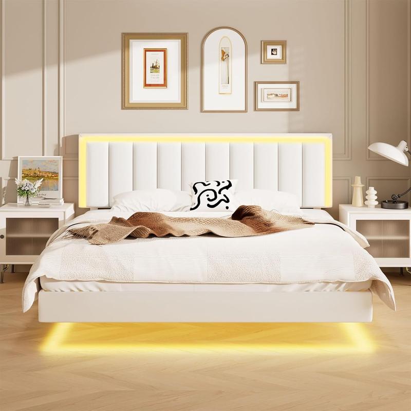 HOMBCK Floating Bed Frame with LED Lights, No mattress, Solid Wood Slats Support, No Box Spring Needed, Noise-Free, Easy Assembly