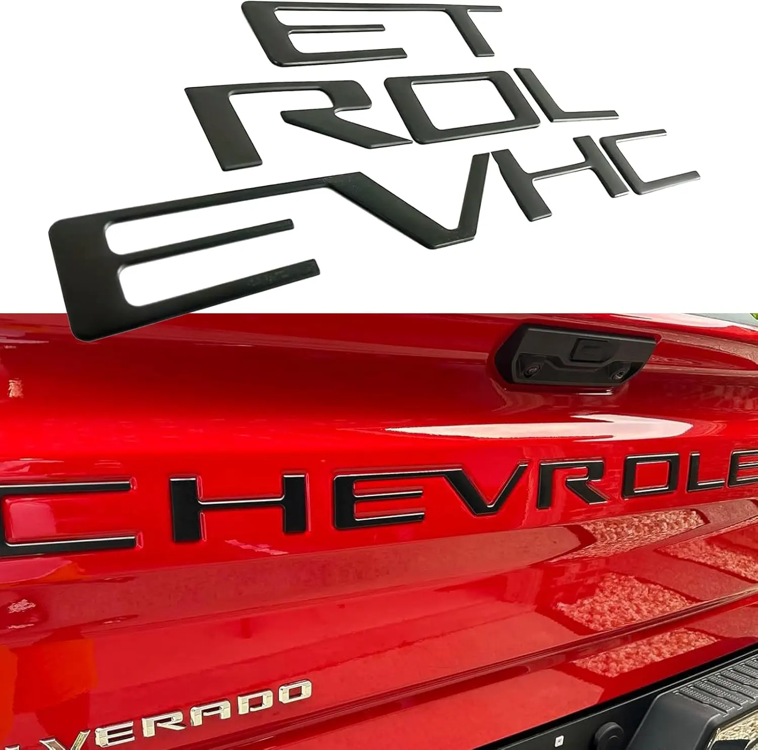 Matte Black 3D Self-Adhesive Tailgate Insert Letters - American Flag, Chrome Silver, Gloss Black with Red Border Car Emblem Badge for Chevy Silverado 2019-2025 Vehicles