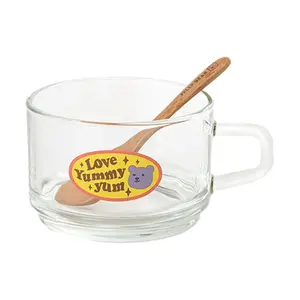 DAILYLIKE Korea Bear Jelly Cereal Glass Mug with Spoon Set - Cute Cartoon Drinkware for Breakfast & Gifts