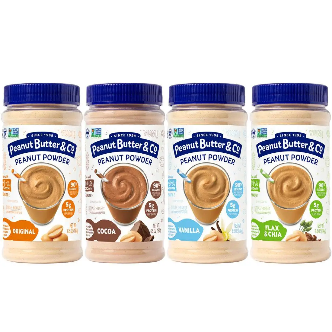 Natural Peanut Protein Powder Assortment -  Original, Vanilla, Cocoa, Flax & Chia (4 Pack)