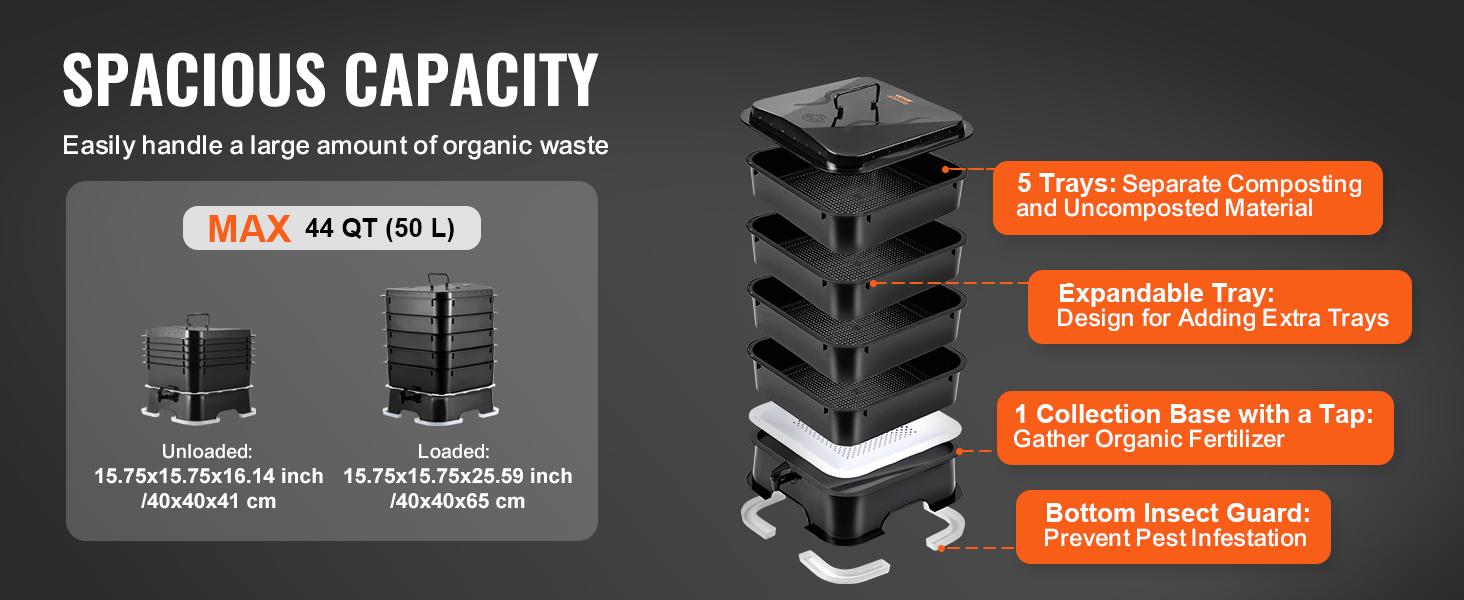 VEVOR 5-Tray Worm Composter, TikTokShopBlackFriday, 50 L Worm Compost Bin Outdoor and Indoor, Sustainable Design Worm Farm Kit, for Recycling Food Waste, Worm Castings, Worm Tea, Vermiculture and Vermicomposting