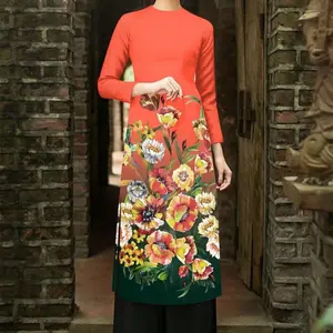 (2 màu) Set Traditional Vietnamese A Lady with Flowers Cach Tan - Bộ áo dài in 3D cách tân - Ready to ship - Square neck
