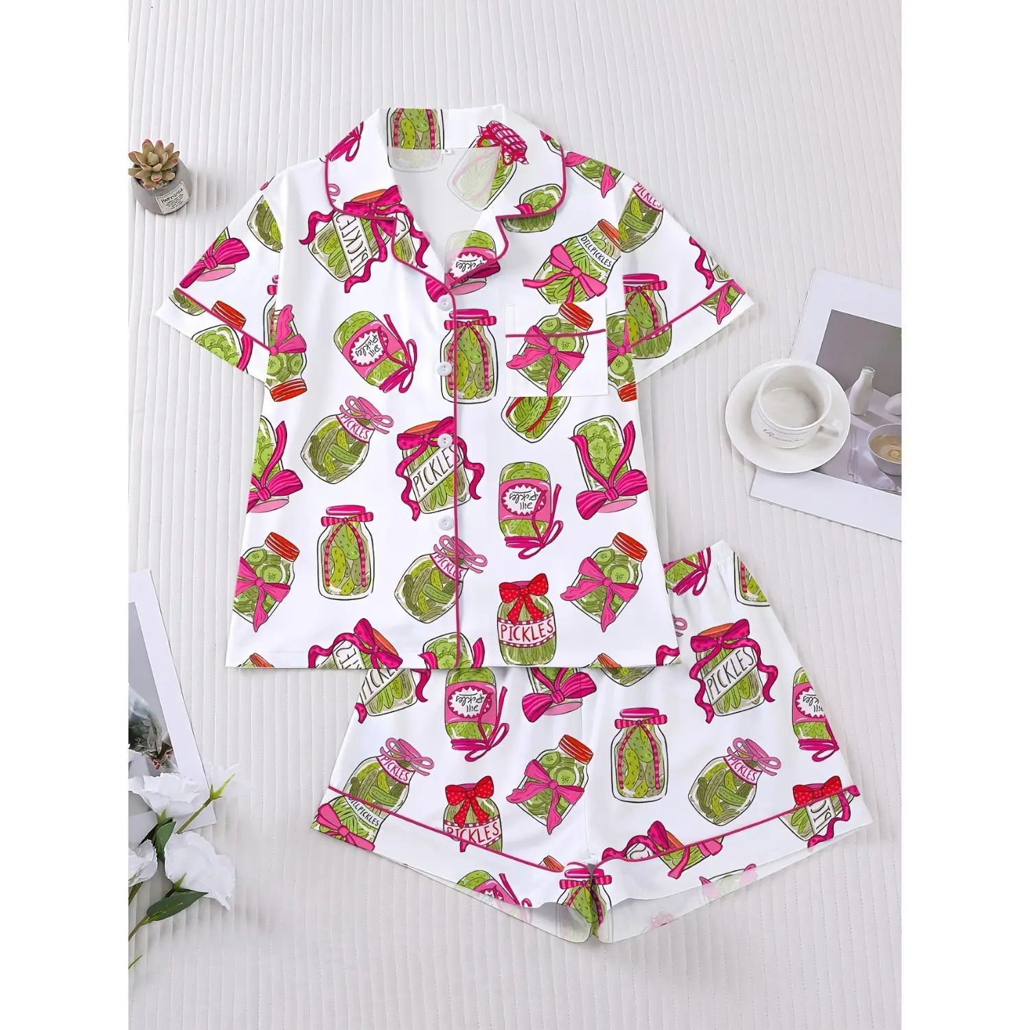 2-Piece Women’s Pajama Set with Pickle Print, Short-Sleeve Lapel Button-Up Top and Loose Elastic-Waist Shorts, Cute Sleepwear for Everyday Wear Casual Lounge Wear Casual Sleepwear Loungewear