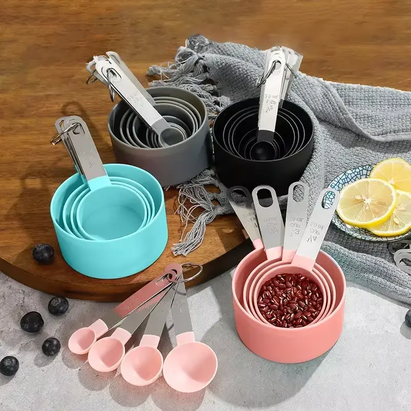 8-Pcs Heavy Duty Stackable Steel & Plastic Measuring Cups and Spoons Set - Turquoise, Engraved Stainless Steel Handle Plastic Kitchen Utensils, 180ml Capacity, Dishwasher-Safe Kitchen Accessories for Baking, Tea, Sturdy