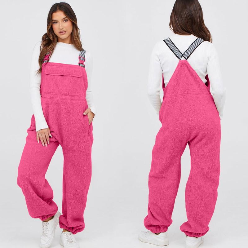 Buenoble Women's Fuzzy Fleece Overalls Winter Bib Pants Loose Fit Adjustable Strap Jumpsuit Warm Teddy Sherpa Romper Loungewear Streetwear