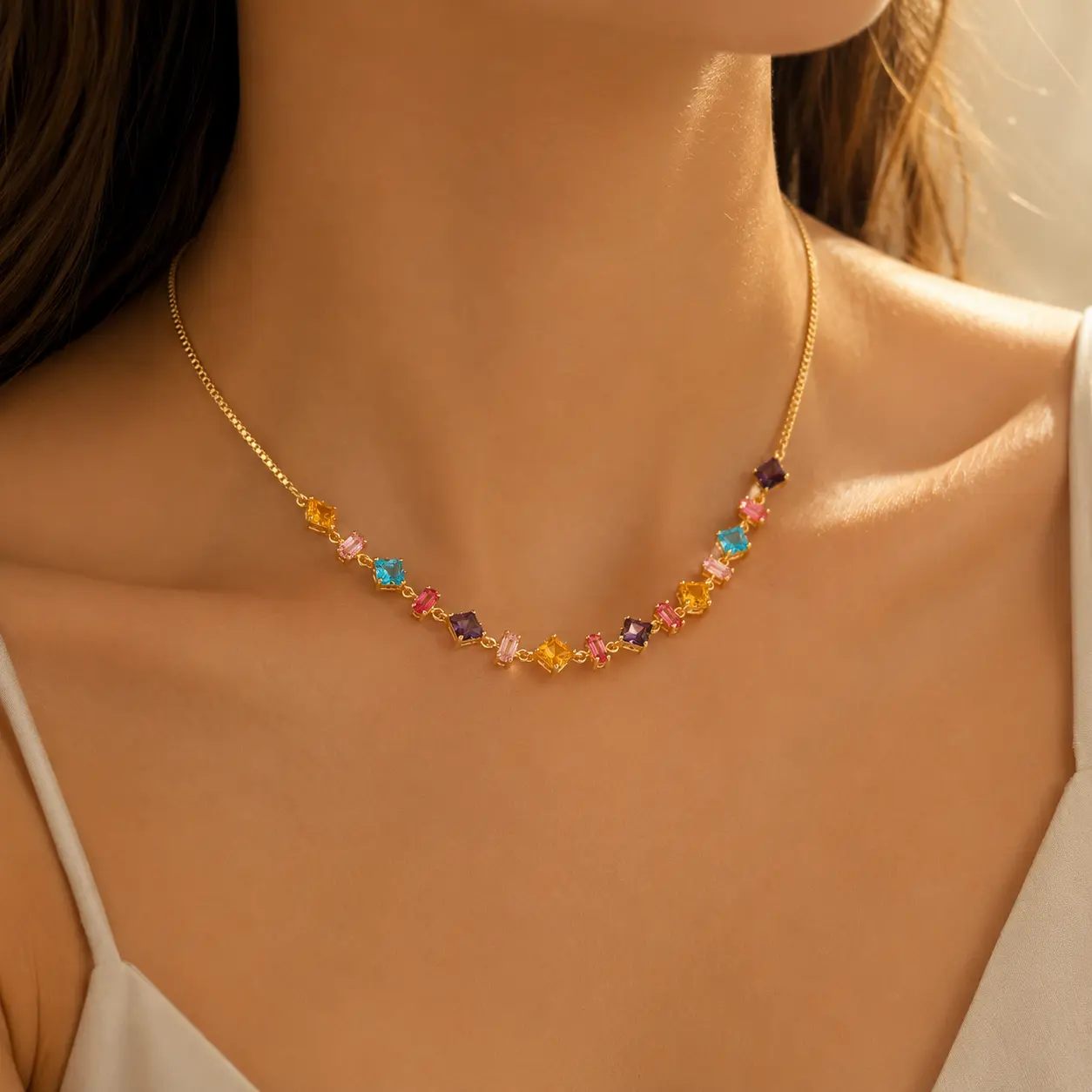 Women's Long Rainbow Cubic Zirconia Station Necklace - Gold-Plated Colorful Adjustable Chain Costume Jewelry, Cute Daily Gift for Her