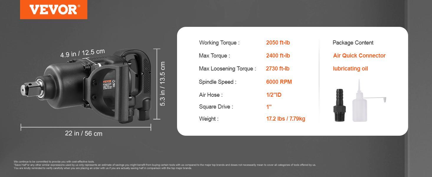 VEVOR 1 Inch Air Impact Wrench, TikTokShopBlackFriday, Up to 2730 ft-lbs Reverse Torque Output 1" Pneumatic Impact Gun Lightweight w/ 2 Handles for Heavy Duty Repairs and Maintenance