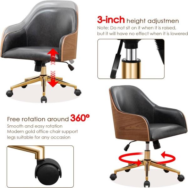 Genuine Leather Office Desk Chair, Adjustable Height Small Modern Comfortable Walnut Vanity Chair, Gold Legs Mid Back 360 Swivel for Home Office, Bedroom, Study, Meeting Room