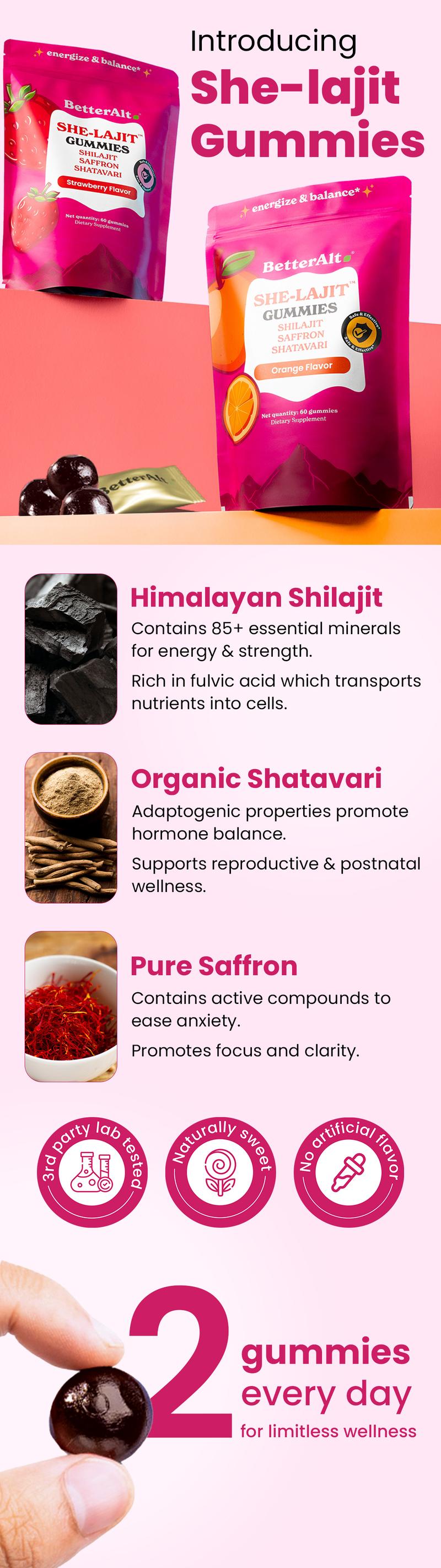 BetterAlt Women SHE-Lajit Gummies | For Energy & Hormonal Balance | Himalayan Shilajit, Shatavari & Saffron | OBGYN Recommended | 60 Gummies