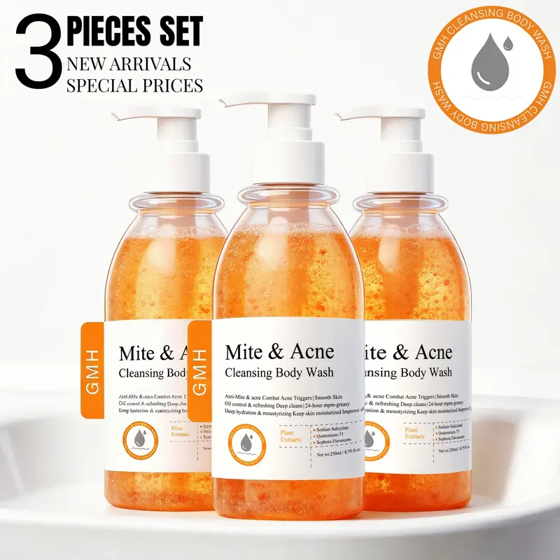 3 Pcs Mite & Acne Cleansing Body Wash Set- Anti-mite and Bacterial Cleansing Shower Gel, Gentle Plant Extracts Body Wash, Body Wash For Troubled Skin, Uneven Skin, Body Care Set
