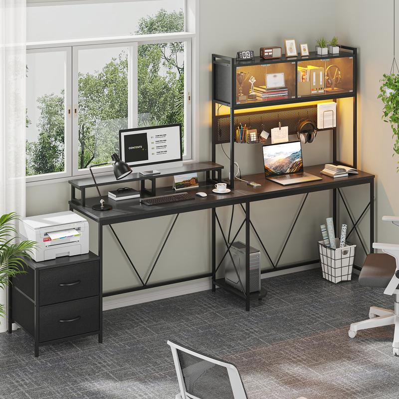 Kepptory L Shaped Gaming Desk, Home Office Computer Desk with Raised Display Stand, 2 Drawers and Glass Cabinets with LED Lights, Corner Desk with Storage Shelves, Power Outlet, Black