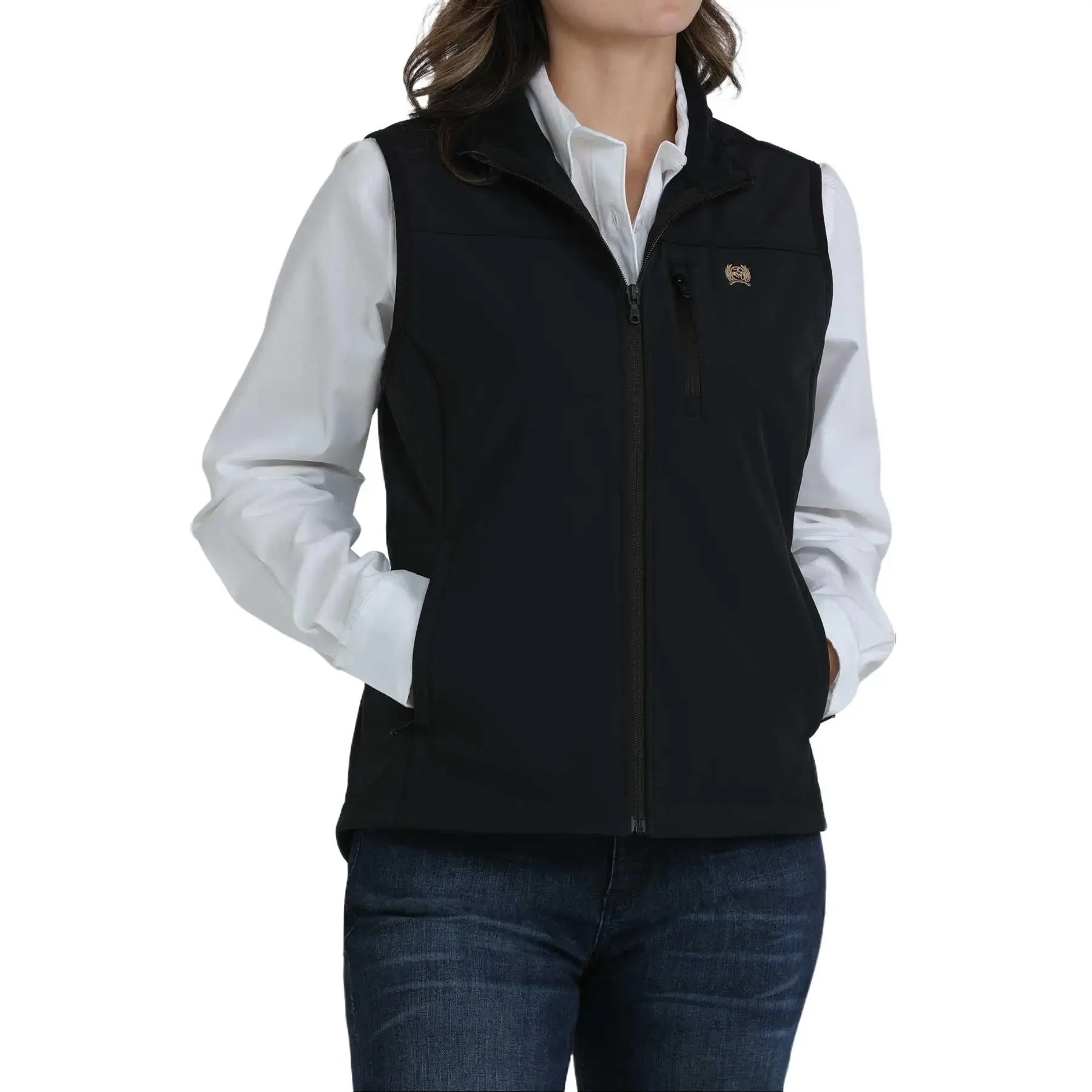 CINCH Women’s Black Bonded Softshell Vest - Lightweight, Embroidered, Casual Western Outerwear, Shirt-Style, Fleece-Smooth Fabric, Wind-Resistant, Breathable, Comfortable Tops with Pockets for Everyday Outfits, Clothes, Zip, Solid, Bonded Shell
