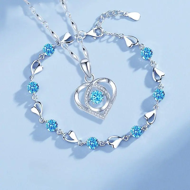 Women's Minimalist Luxe 925 Sterling Silver Heart Chain Set - Blue Crystal Necklace, Vintage Korean Bracelet, Bling Blue-and-Silver Female Jewelry, Adjustable Length, Daily & Office Party Wear, Meaningful Valentine's Day Gifts