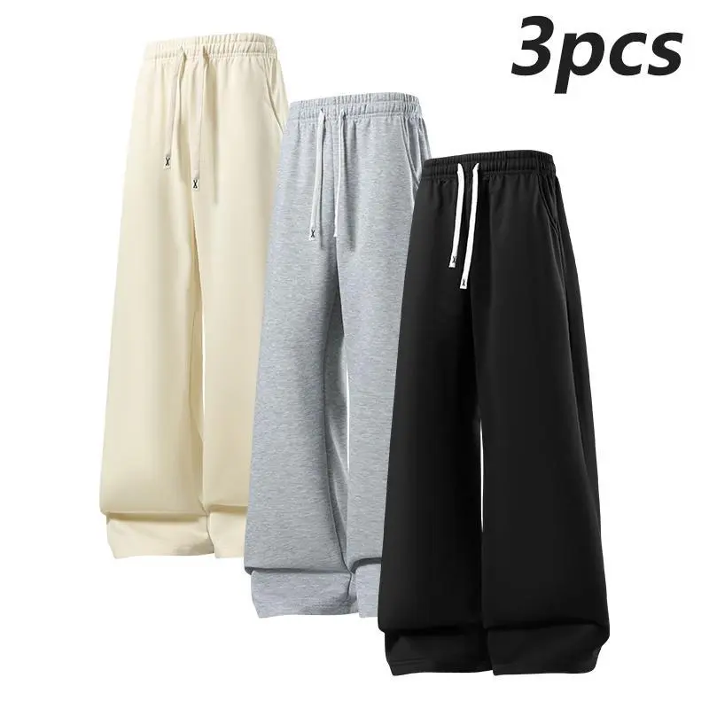 Men’s 3-Pack Wide-Leg Sweatpants — Loose Straight-Leg Pants for Spring/Autumn, Versatile Casual Long Pants Set Menswear Beige
