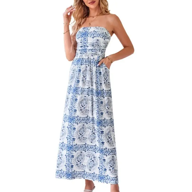 Grace Karin Maxi Dress for Women - Strapless A-Line with Boho Floral Print, Ruched Summer Beach Casual Wear with Pockets, Bohemian, Boho Clothes For Women, Boho Pattern, Brunch Outfit Ideas