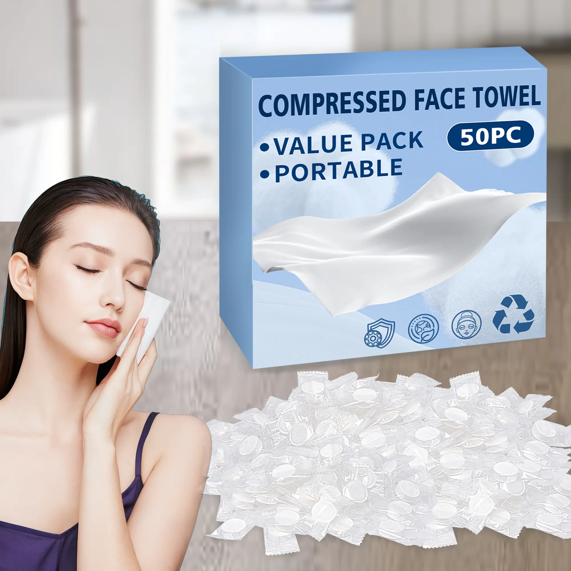 Compressed Towel 50 PCS Mini Tablets Disposable Portable Face Towel Cotton Coin Tissue Eco-Friendly for Travel, Camping, Hiking, Sport, Beauty