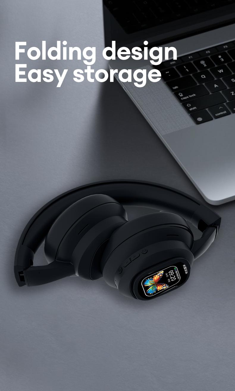 HYUNDAI X1 Pro Wireless Bluetooth 6.0 Headphones with Detachable Full Color LCD Touch Screen, Support Customizable Screen Wallpaper, Audio Headset for Music & Phone Calls