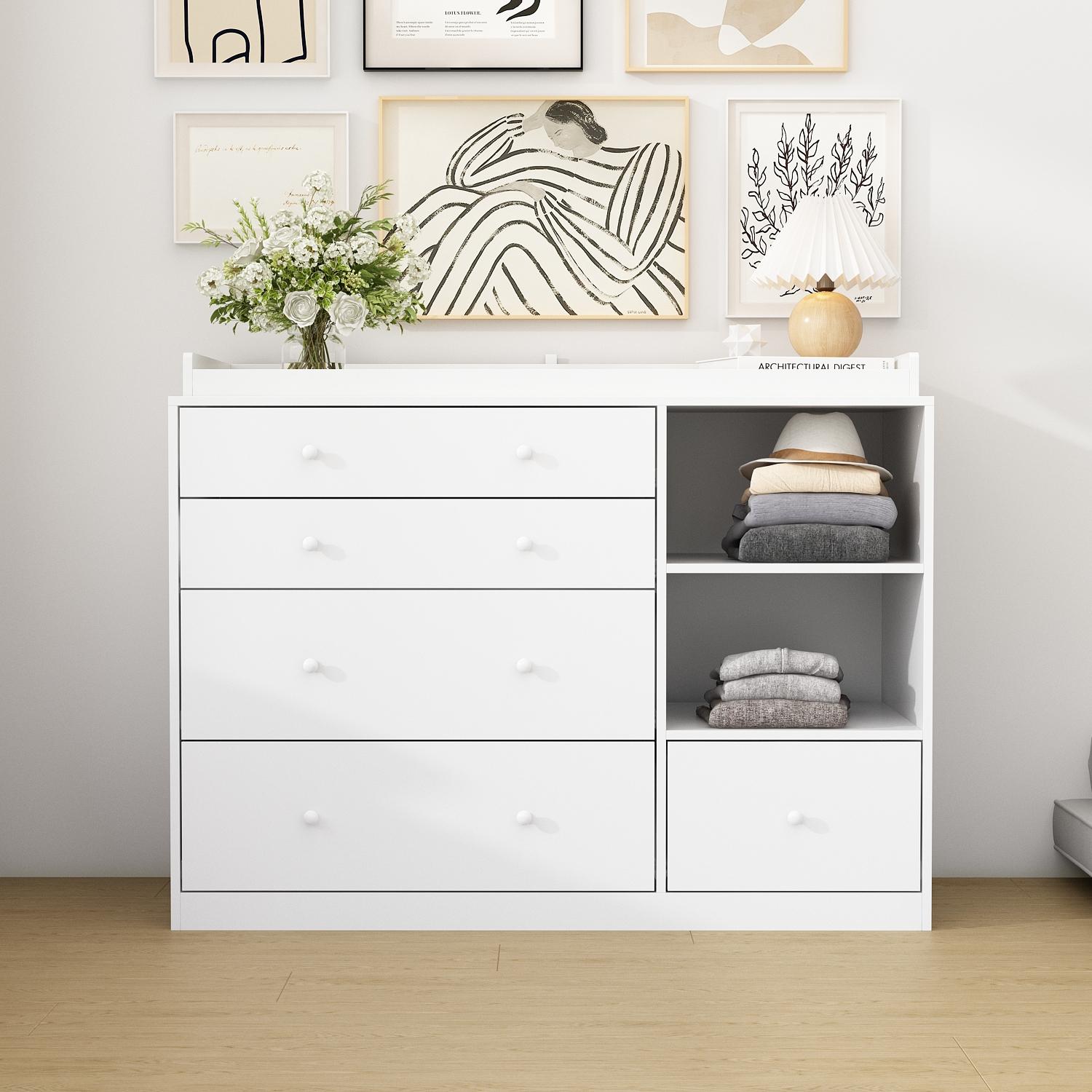 Modern 5-Drawer Dresser with Open Shelves, White Chest of Drawers with Knobs, Stylish Storage Cabinet for Bedroom & Living Room Furniture Organization Organizer Minimal