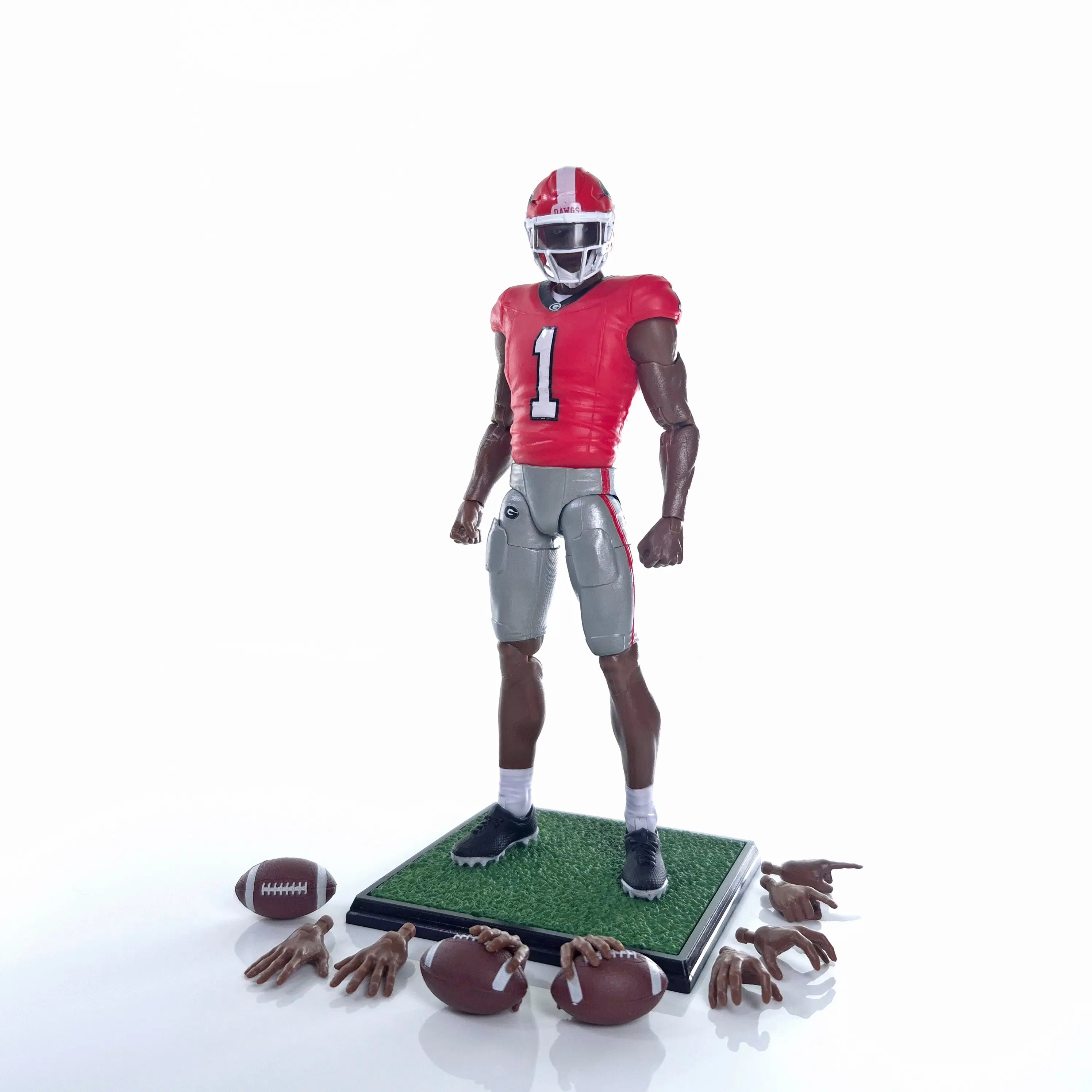 Officially Licensed University of Georgia New #1 Collegiate Legends Collectibles Action Fig. - 6-in Full Articulation, Display Stand, 4 Interchangeable Hand Sets, Detailed Football Accessory, Jersey Print for Georgia Pride Sports Collectors, 6-Inch