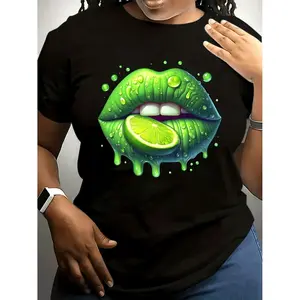 Vibrant Green Lips Lime Slice T-shirt Juicy Dripping Graphic Tee Womens Fashion Statement Summer Party Outfit Zesty Cool Style Birthday Gift Idea