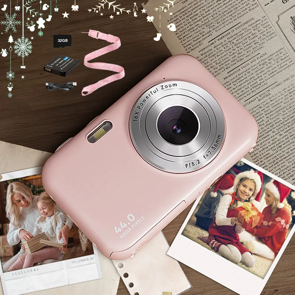 CAMKORY 2026 New Mini Button Instant Point & Shoot Camera - Vintage Retro Pocket-Sized Portable, 16X Digital Zoom, Anti-Shake, 1080P HD, Rechargeable, 32GB Micro SD Card, Neck Lanyard, Perfect Gift for Giftedinlove Christmas/Birthday (Sakura Pink)