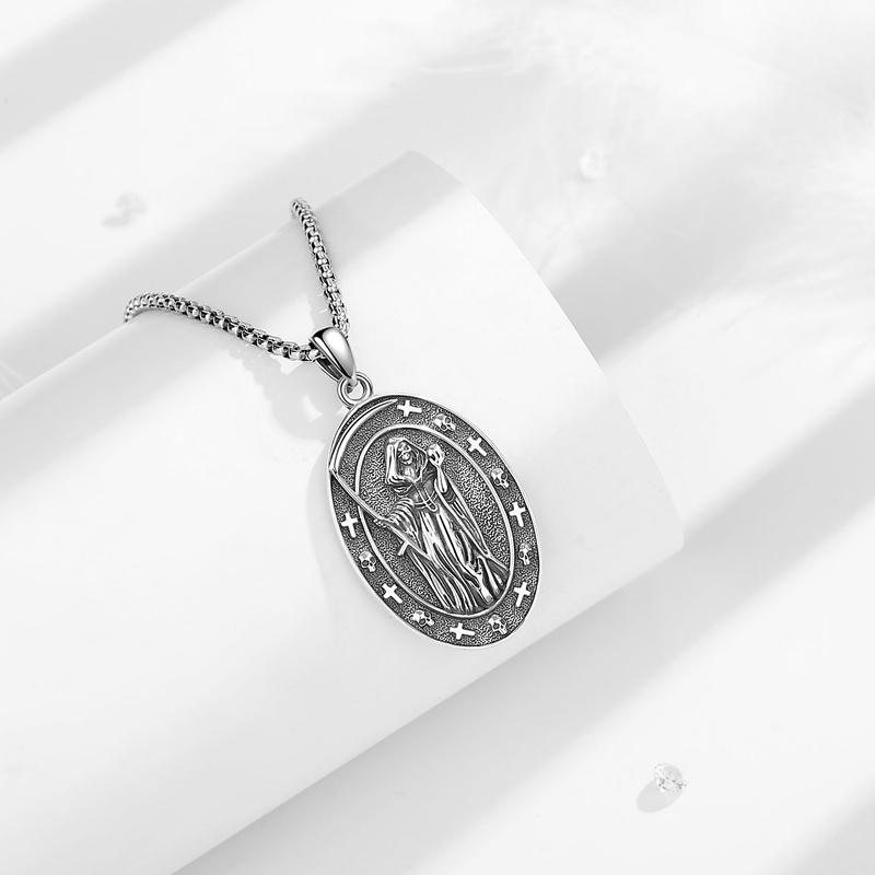 Eudora S925 Sliver Santa Muerte Necklace, Silver Grim Reaper Pendant, Mexican Saint Medallion,  Memento Mori Amulet, Protective Sigils Jewelry