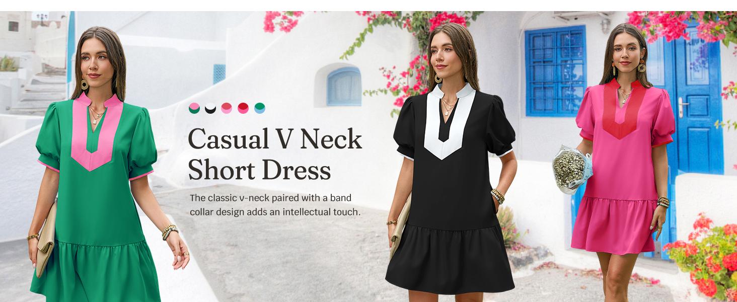 Wenrine Women's Summer Mini Dress Casual Short Puff Sleeve V Neck Color Block Loose Beach A Line Dresses with Pockets