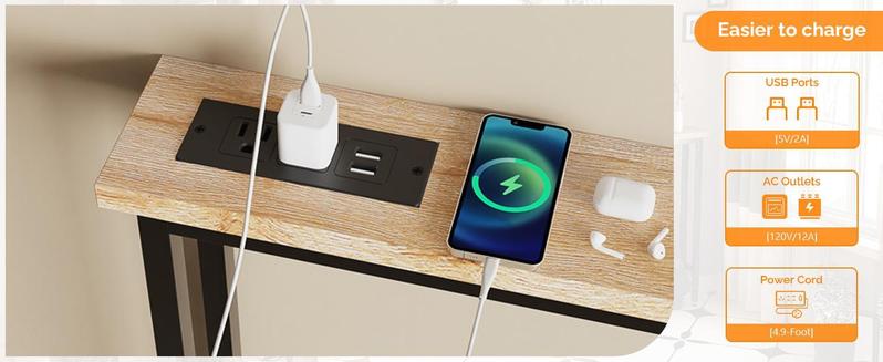Ubesgoo 1/2 Pack 39.4" Narrow Console Sofa Table with Power Outlets and USB Ports, Long Couch Table with Metal Frame and Charge Station with 4.9ft Extension Cord