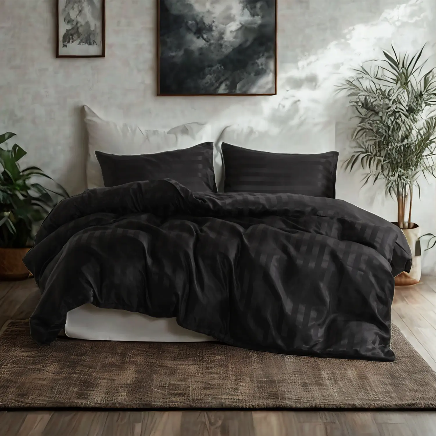 J9 Luxurious Solid Black 3-Piece Duvet Cover Set - Modern Bedding Kit, Soft Comfortable, Set Includes Matching Pillowcases, Enhances Bedroom Sleep Experience