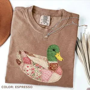 Comfort Colors, Faux Quilted Patchwork Duck PRINT Tshirt , Pink Mallard Duck Shirt Cotton Fabric