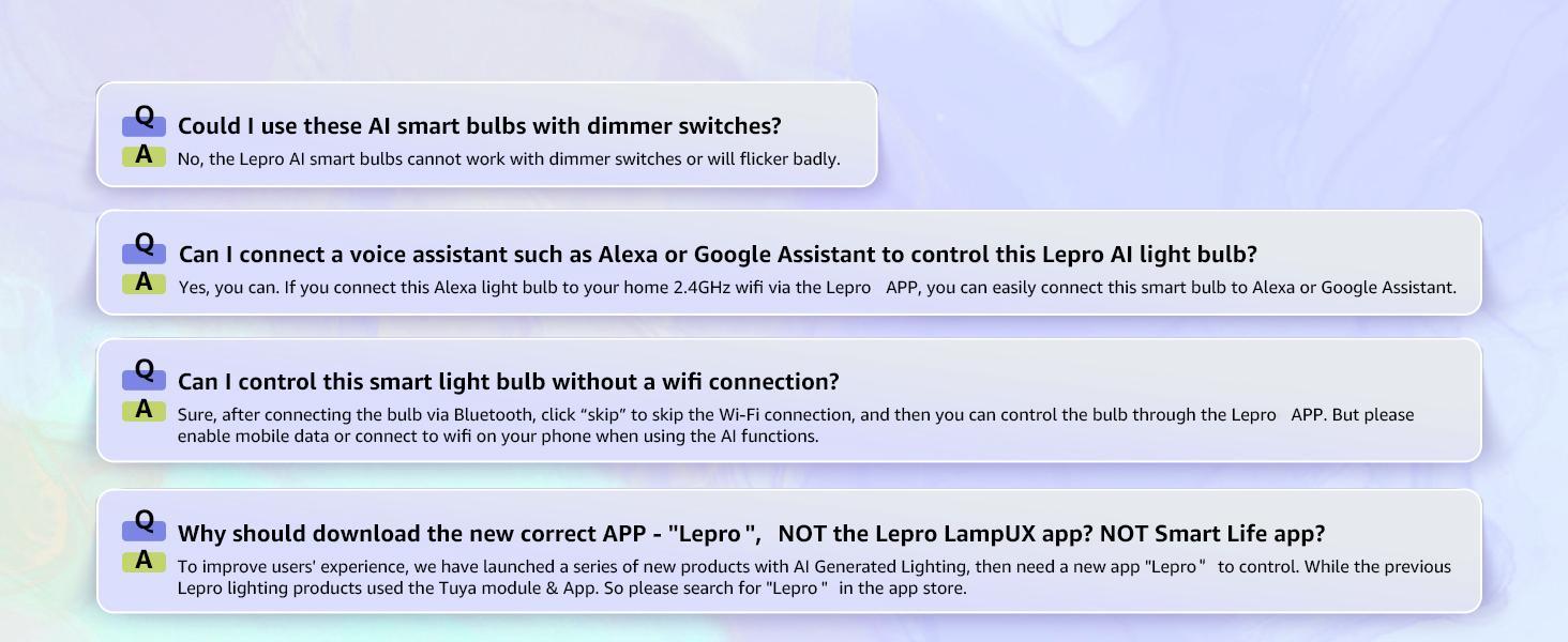 Lepro B1 AI Smart Light Bulbs - WiFi & Bluetooth RGBWW Color Changing LED Bulb Compatible with Alexa & Google Assistant, AI Generated Lighting LLM, AI Voice Control, Music Sync, 2.4GHz Only, 2 Packs Lepro B1 AI Smart Light Bulbs - WiFi & Bluetooth RGBWW Color Changing LED Bulb Compatible with Alexa & Google Assistant, AI Generated Lighting LLM, AI Voice Control, Music Sync, 2.4GHz Only, 2 Packs