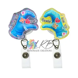 Work Bestie “I Glove You” Shaker Badge Reel Set- Matching Badge Reels, Nurse Bestie Gift, Retractable ID Holder for Healthcare Workers