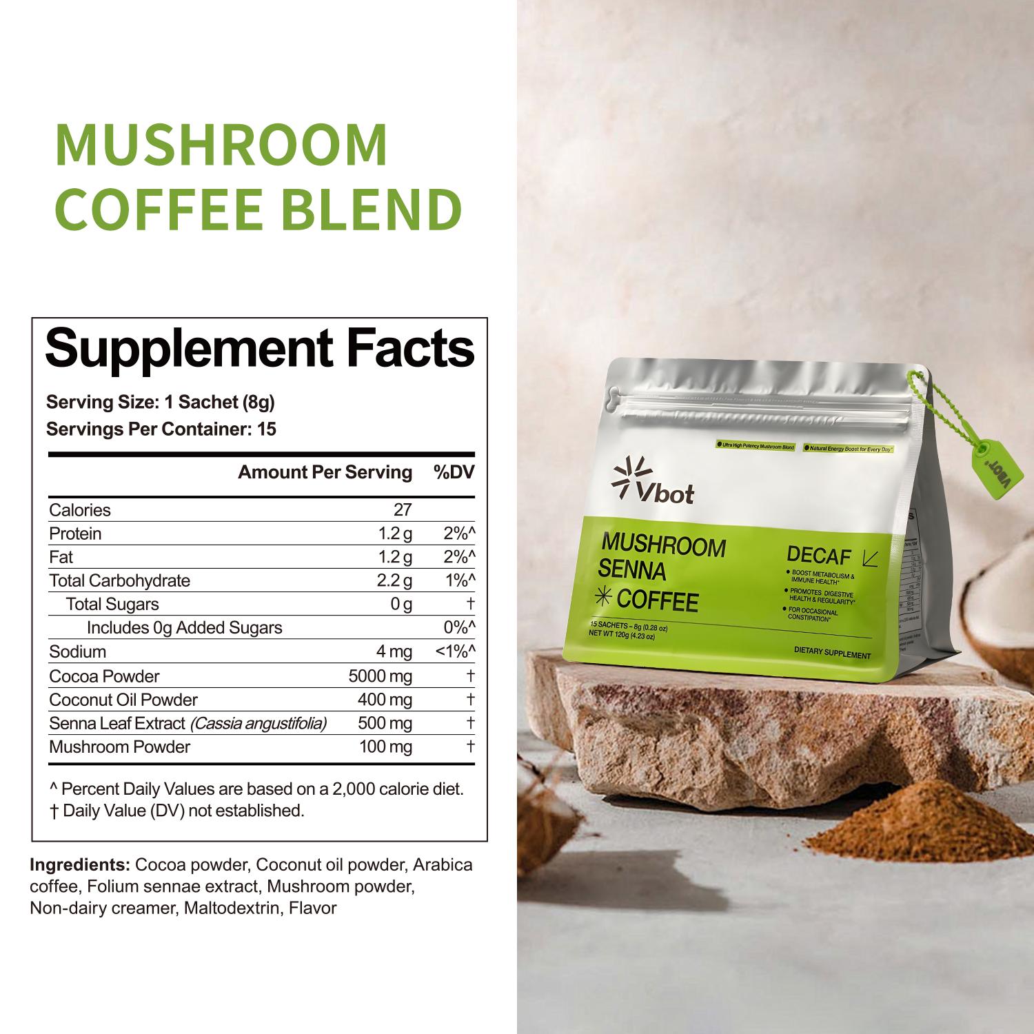 VBOT-Super Organic Mushroom Coffee-Cleansing|Purifying|Detoxifying-Pure Herbal Extracts + Mushrooms- Perfect Formulation- Enhances Immunity|Promotes Healthy Bowel Movements and Intestinal Health-Safe and Effective-Herbal Supplements Beverage Powder
