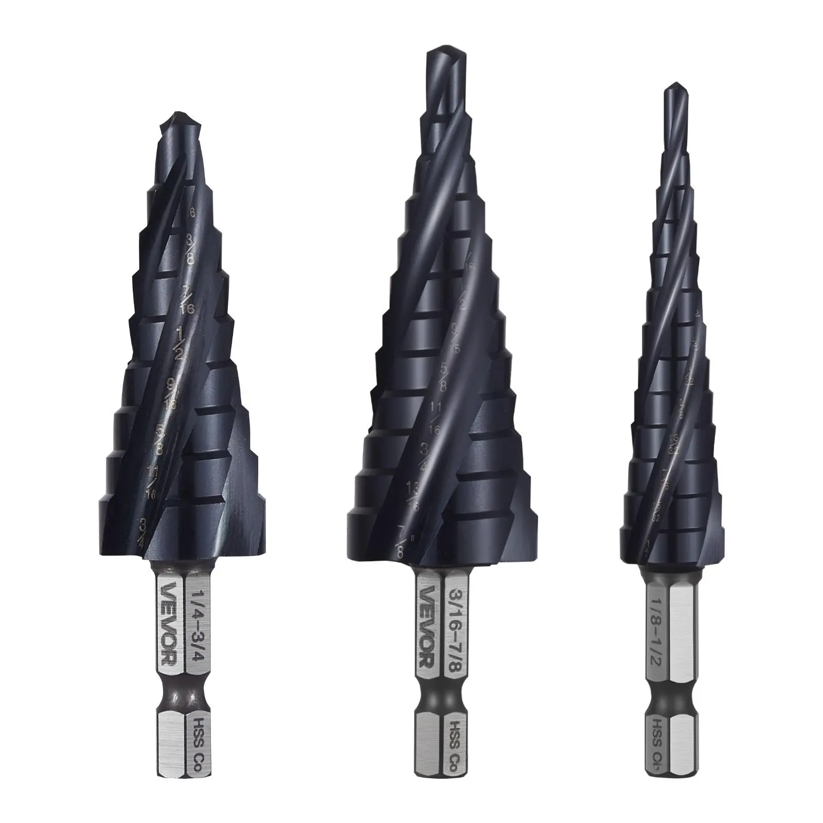 【summerfinds】VEVOR Drill-Powered Step Drill Bit Set, 3-Piece 1/8-7/8 in Size, 1/4 in Hex Shank, TiAlN Coated Cobalt High-Speed Steel, for Metal Wood, Father's Day Gift, Drill-Powered Step Bits