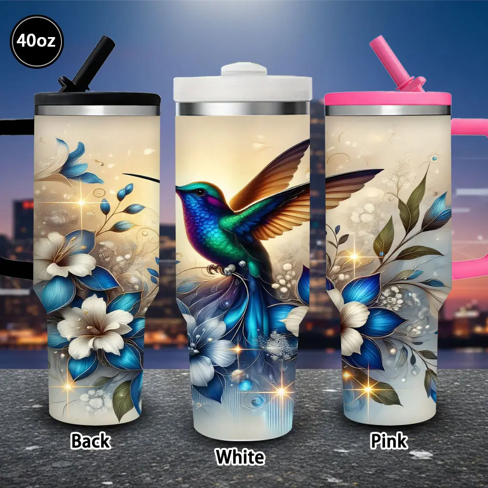 40 oz Insulated Hummingbird & Floral Vacuum Flask Tumbler - 1 Pc, with Lid & Straw, Winter Travel Mug, Ideal Women's Gift for Valentine’s Day, Birthday Gifts, Easter, Iced/Hot Coffee Cup, 40Oz
