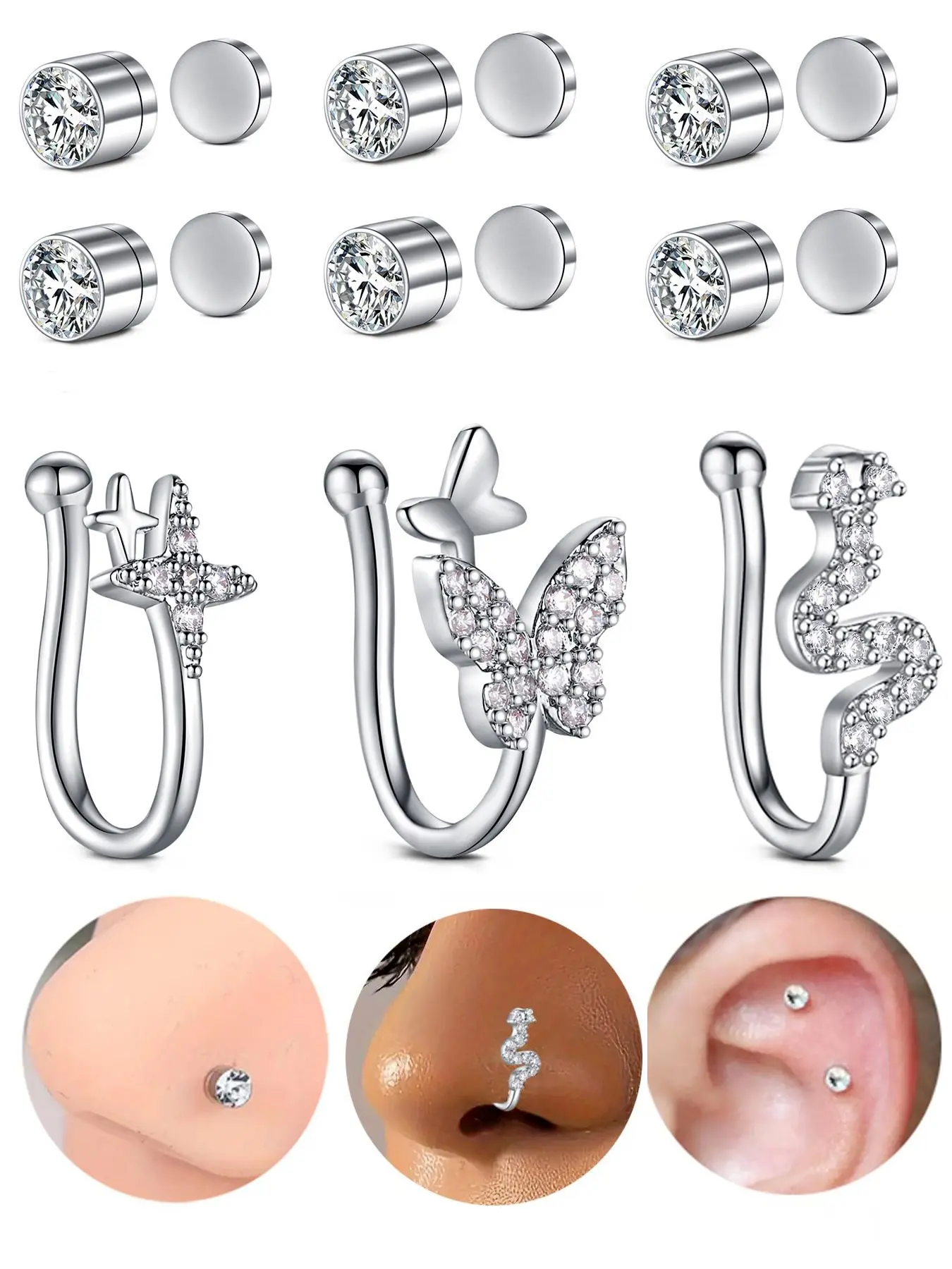 Fake Nose Studs Magnetic Nose Studs Fake Nose Studs Nose Clips, Clip On Nose Rings Stainless Steel No Need Piercing Fake Nose Rings Jewelry Nose Cuff Non Piercing Jewelry