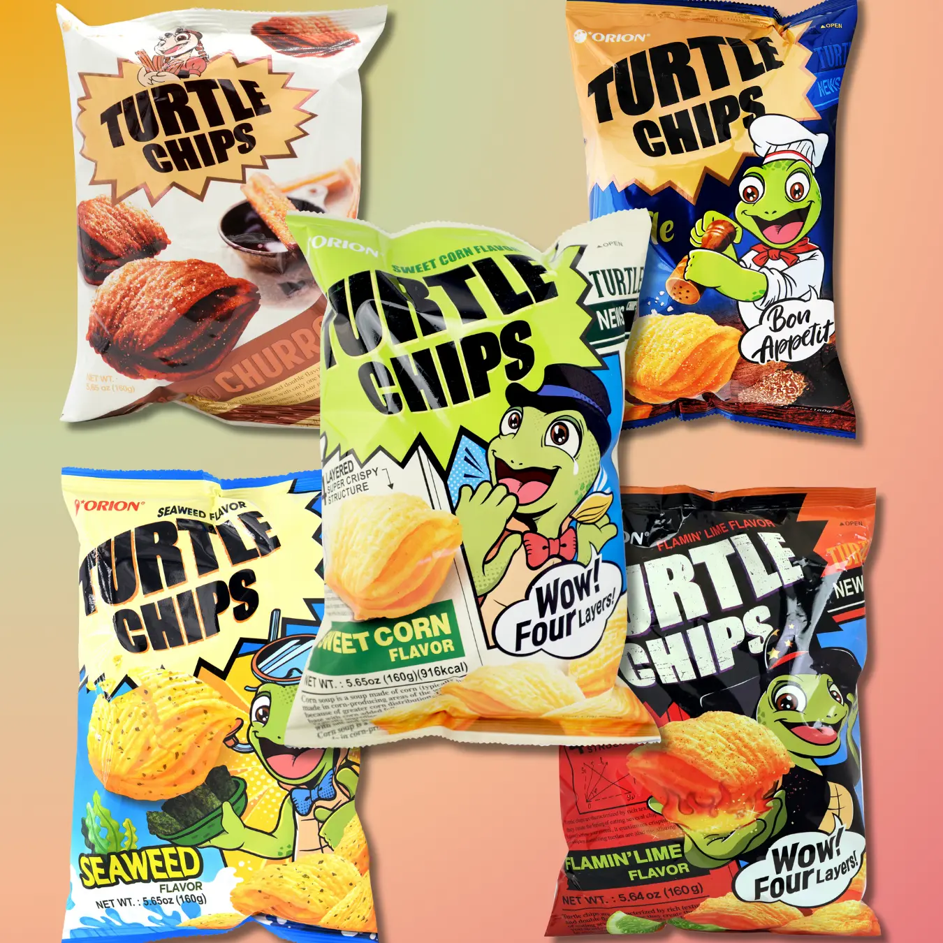 ORION Turtle Chips Snack Pack - Assorted Flavors Ready-to-Eat Sweet Crisps & Puffed Snacks, Crispy Crunchy Options Including Corn Soup, Choco Churros, Truffle Salt, Seaweed, Flamin' Lime, Ready To Eat Snacks