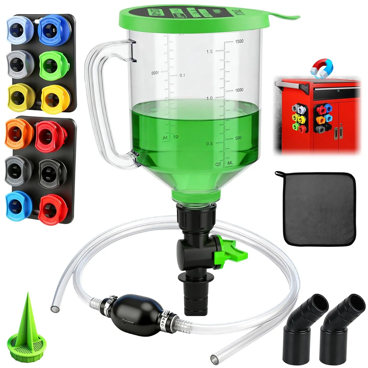 20‑Piece Engine Oil Funnel Kit, 1.59QT/1.5L Oil Funnel Set with 12 Adapters, Siphon Hose Pump, Towel, Elbow Fitting, Arrow Screen and Magnetic Storage Hooks Tray, Compatible with GM/Ford/BMW/Audi Etc., Tools, 20Pc