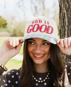 God Is Good Plaid Bill Puff Embroidered Hat