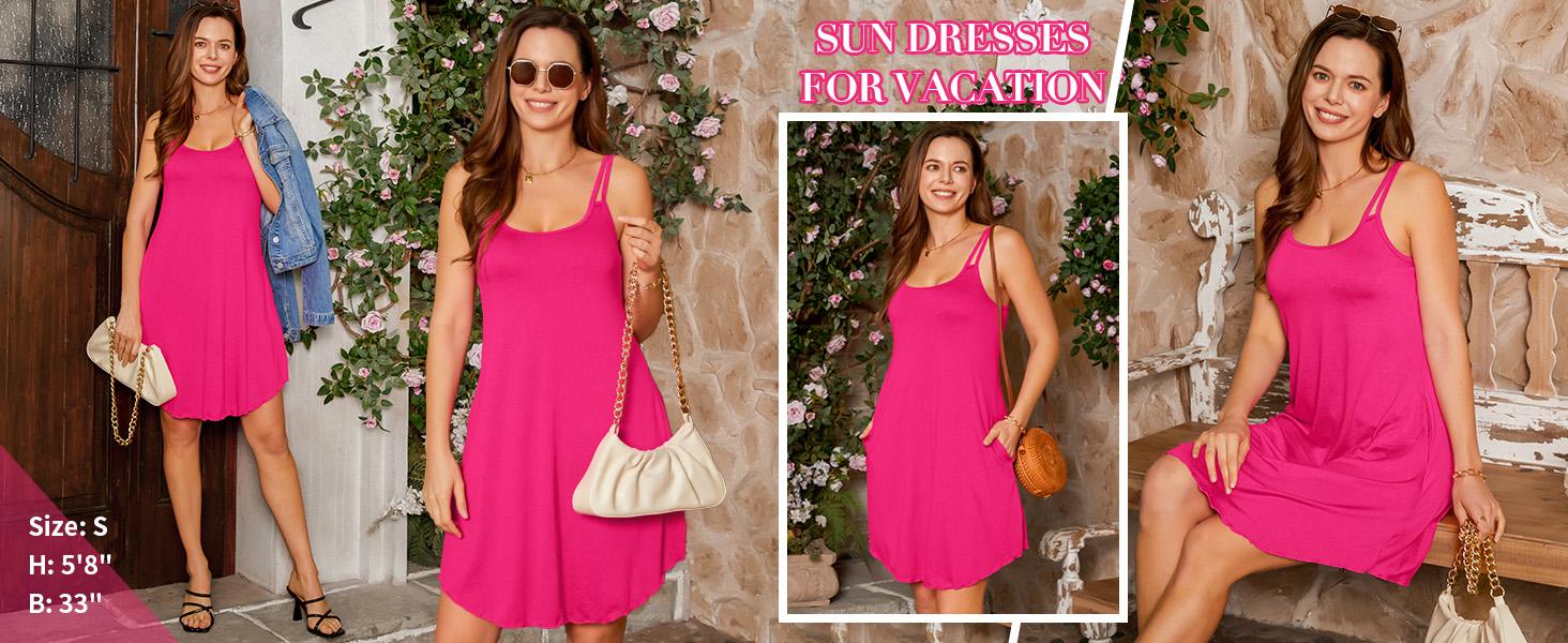 V FOR CITY Womens Summer Dresses with Built in Bra Double Spaghetti Strap Beach Dress Scoop Neck Sundresses with Pockets SpringStatements