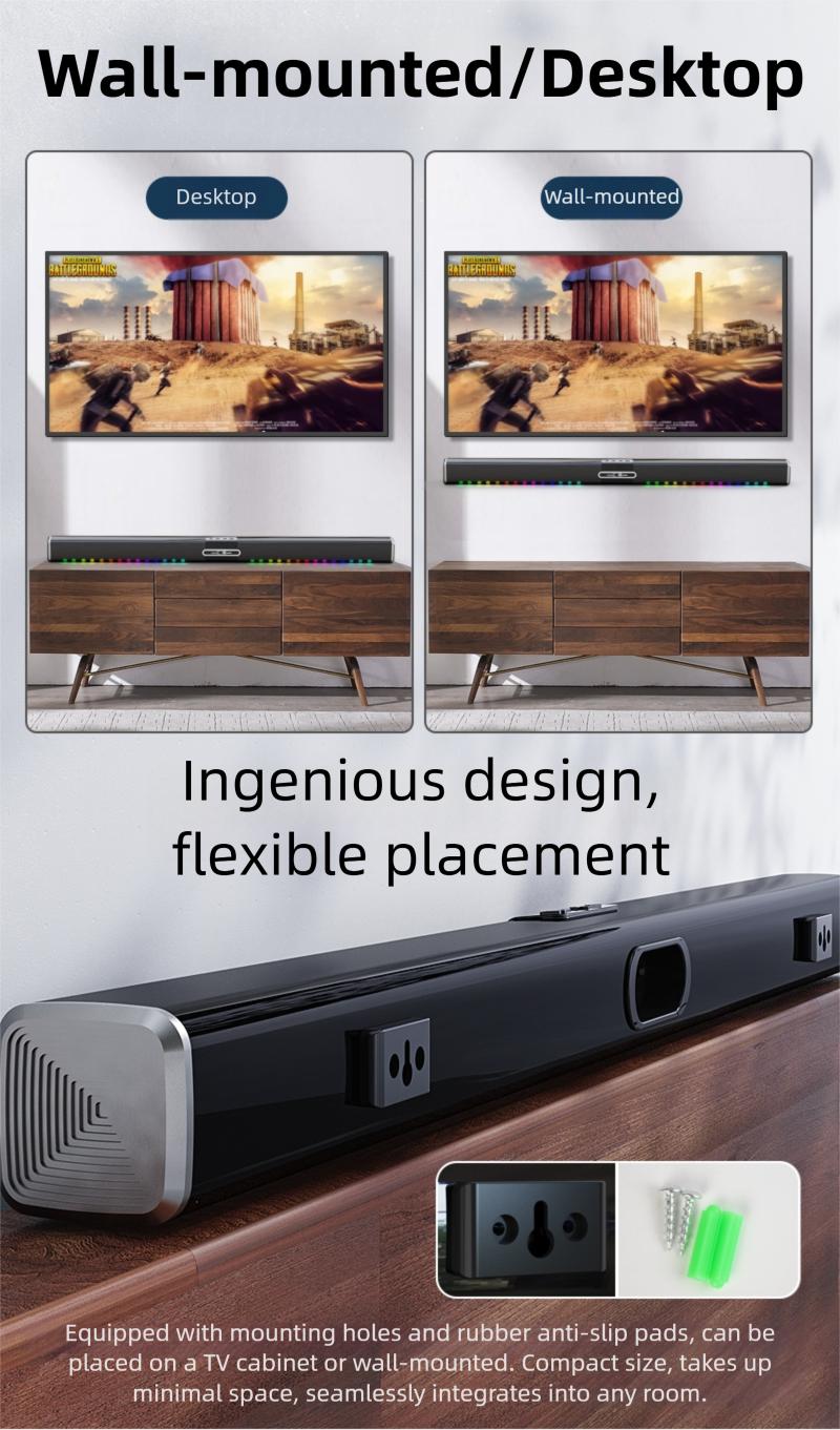 HUICHANG 10-Speaker RGB Soundbar – Wireless Bluetooth 5.3 Slim 34.6” Design,  Deep 9D Bass, TWS Stereo, Piano Black Finish, AUX/USB/Coaxial Inputs, Perfect for Home Theater, TV, Gaming & Party Smartphone Audio，Black Friday, gifts，New Year's Party