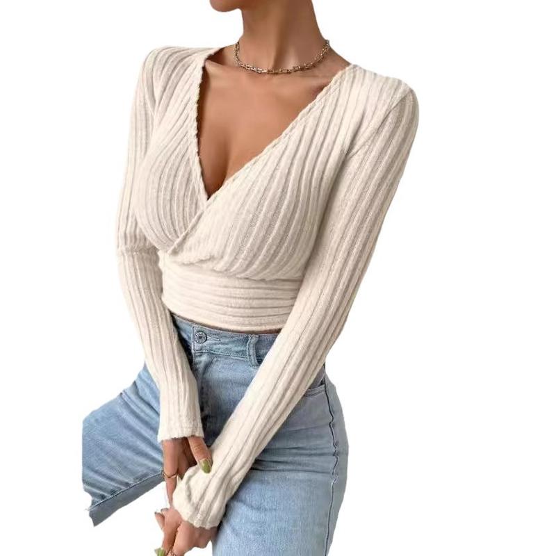 Short Deep V-neck Slim-fit Long Sleeve Knitted Sweater in Apricot & Black for Winter Pullover Style Thick Polyester Plain Design